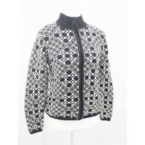 Talbots Vtg 100% Cotton Black White Nordic Zip Up Sweater Cardigan Size Small